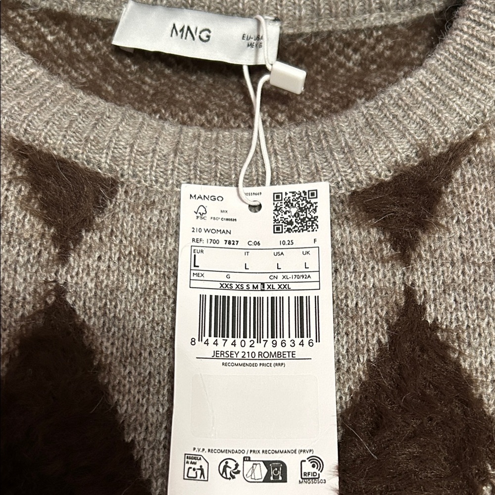 Mango Argyle Patterned Brown and Gray Sweater NWT - image 3